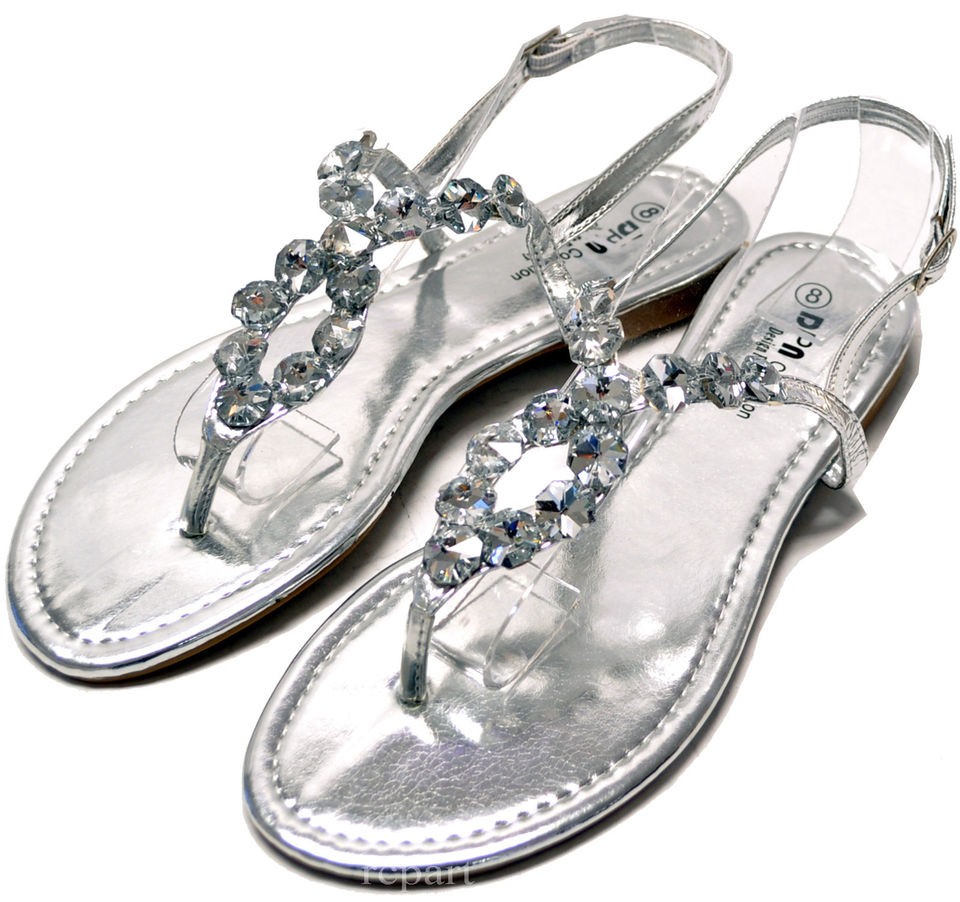 New womens sandals shoes t strap open toe rhinestones silver