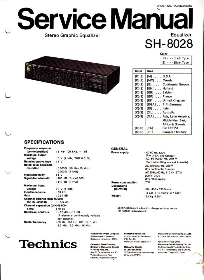 TECHNICS SH 8028 SERVICE MANUAL ORIGINAL FREE USA SHIPPING