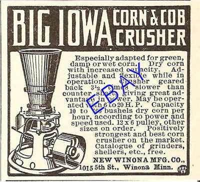 1908 WINONA MN BIG IOWA CORN & COB CRUSHER AD GRINDER