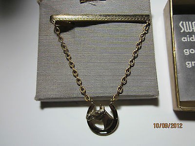   SWANK HICKOK Horse Horseshoe Tie Bar Chain Clip & OLD SWANK BOOKLET