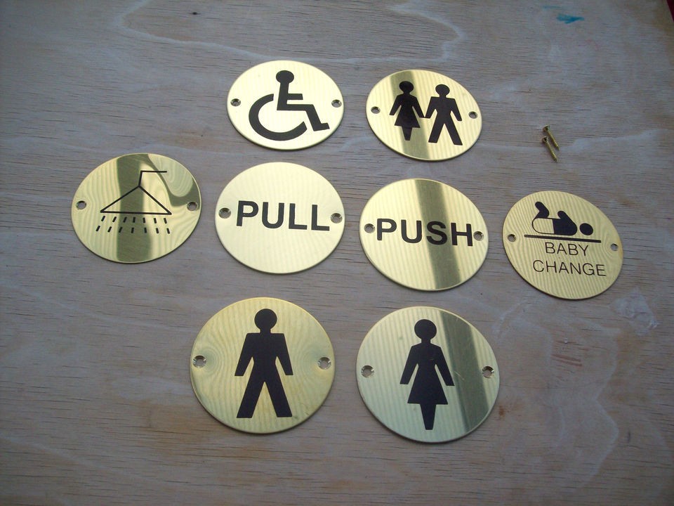 CIRCULAR ROUND BRASS TOILETS PUB SHOP BUSINESS BATHROOM DOOR SIGNS 