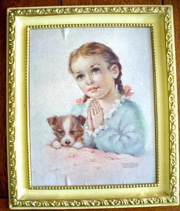 VINTAGE FRAMED FLORENCE KROGER PRAYING GIRL PRINT DOG