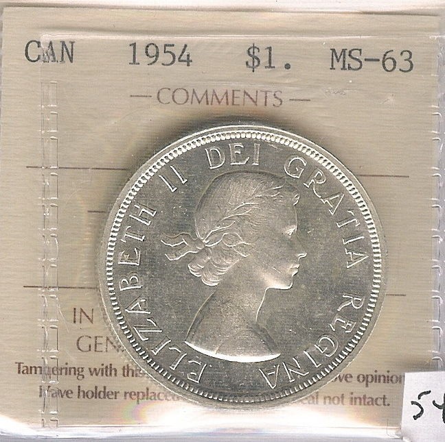 1954 CANADIAN SILVER DOLLAR IN MS 63 CONDITION GRADED BY ICCS #CJ 513