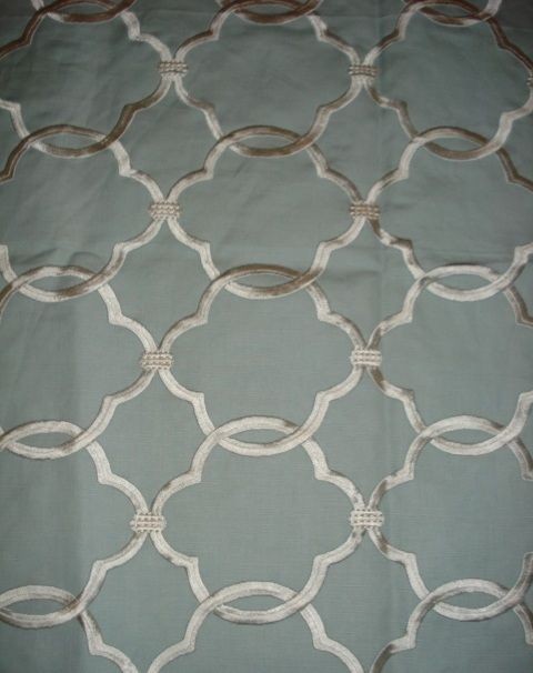   MOSS EMBROIDERED MIST AQUA WHITE LATTICE TRELLIS FABRIC .89 YD