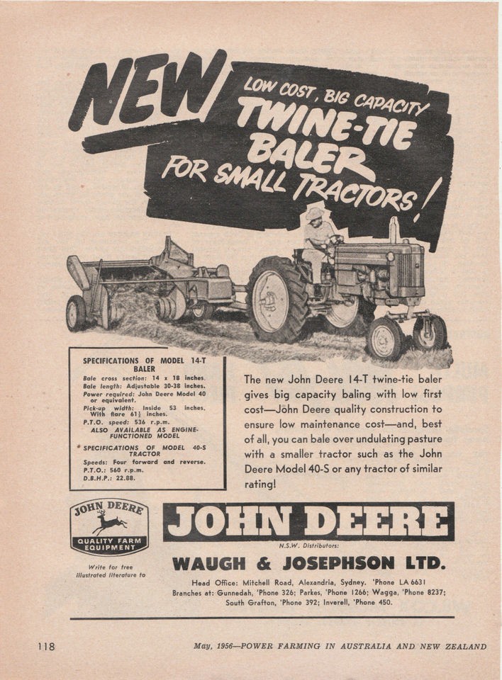   PAGES JOHN DEERE MODEL 70 TRACTOR Advertisement & TWINE TIE BALER