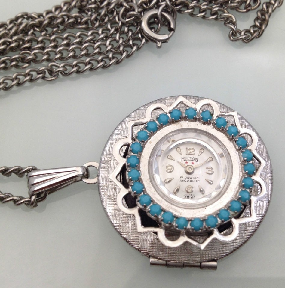   Swiss Made HILTON Nurse Locket Pocket Pendant Necklace Watch Turquoise