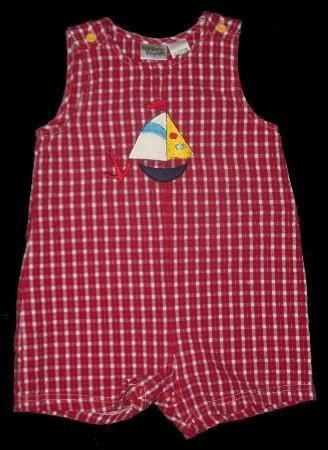 Boys Nautical SAILBOAT Applique Shortall 24m Romper Jon Boat Red Check