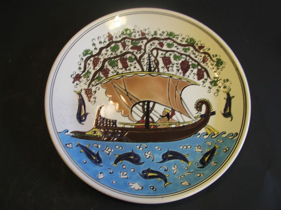   KERAMIK RODOS GREECE HANDPAINTED CHEVROLET SEA SHIP BOAT WALL PLATE