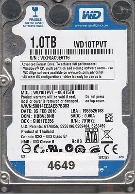 Western Digital 1TB WD10TPVT 00HT5​T0, DCM HBBVJBNB, SATA 2.5 Hard 