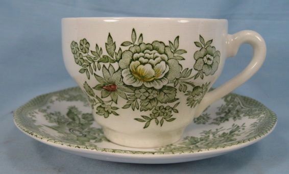 Vintage KENT GREEN CUP & SAUCER Multi Floral Transferware ENOCH 