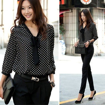 New Womens Polka Dot Casual Chiffon Shirt Top Long Sleeve Bowknot 