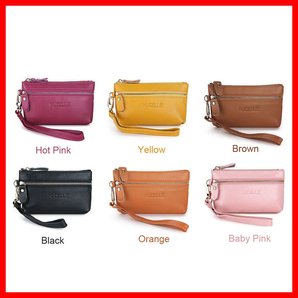 Real Genuine Leather Purse Zipper Clutch Wristlet Bag Wallet Iphone 