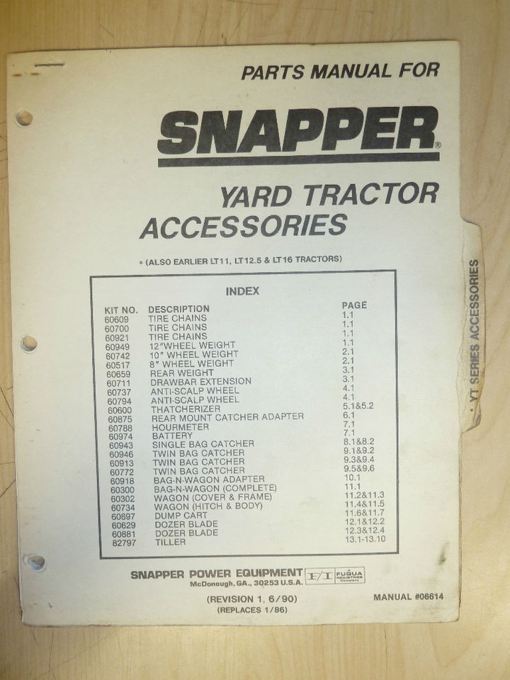 1990 SNAPPER RIDING YARD TRACTORS ACCESSORIES PARTS MANUAL NO. 06614