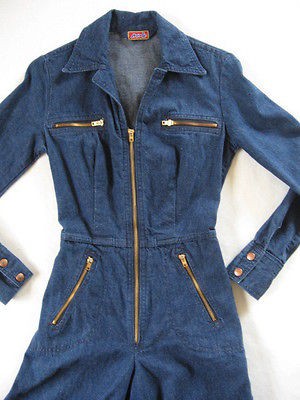   INDIGO DENIM FITTED JUMPSUIT Sz Small Medium Talon ZIPPERS gaucho blue