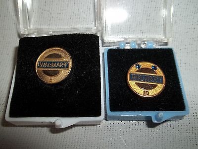 VNTG WAL MART 5 & 10 YEAR EMPLOYEE AWARD PIN GOLD PLATED W/SAPPHIRES 