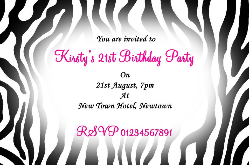 ZEBRA PRINT PARTY INVITATIONS BIRTHDAY XMAS 21ST 18TH 30TH 16TH 13TH 