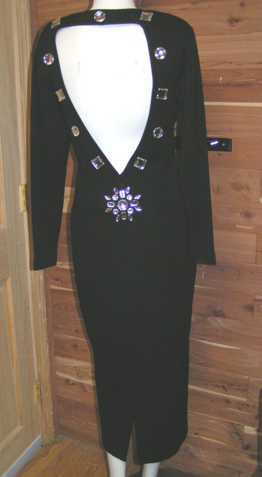 vintage ANDREA JOVINE black wool midi wiggle dress L dramatic jewel 