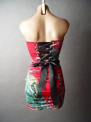 Corset Back Bodycon Fitted Club Party Printed Sexy Strapless Tube Mini 