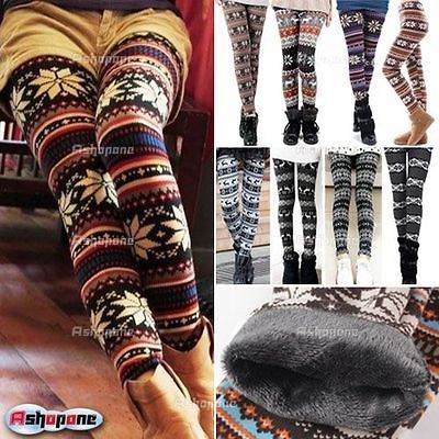 Womens Nordic Deer Snowflake Knitted Leggings Winter Thick Warm 