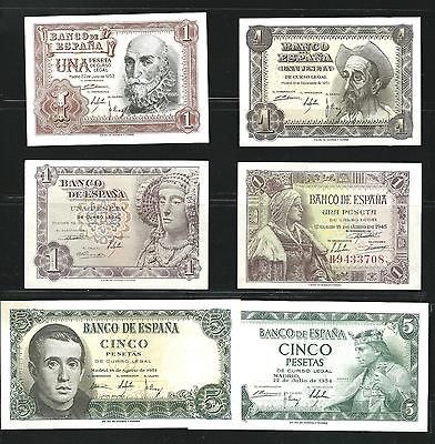   RARE GORGEOUS BANKNOTE SPAIN LOT 6 PCS PESETAS 1945 1954 UNC / GEM @bh