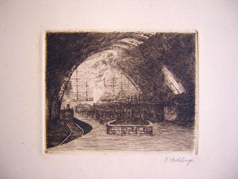 Unknown Unidentified German Train Station 1920s / Vintage Etching