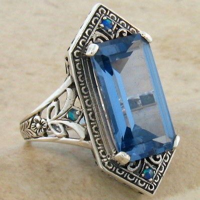 CT. AQUAMARINE OPAL VICTORIAN DESIGN .925 STERLING SILVER RING SIZE 