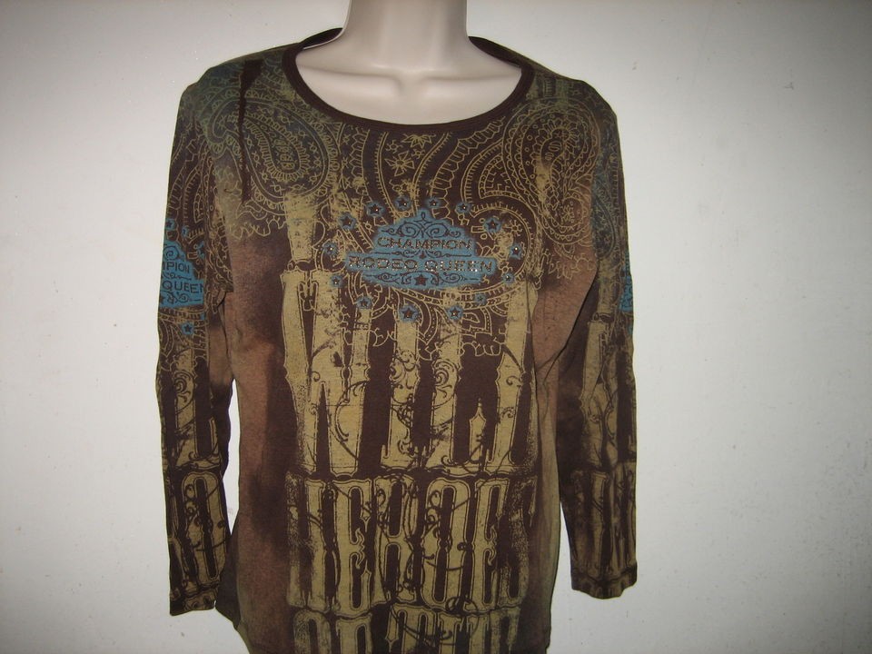 Susan Lawrence Brown 3/4 Sleeves Champion Rodeo Queen Stud Knit Top 