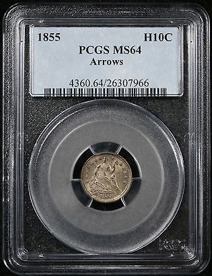 1855 ARROWS LIBERTY SEATED HALF DIME H10C MS 64 PCGS