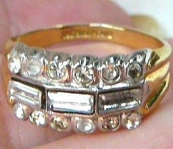   18K Gold GP Diamonique Baguettes Double Tiered Ring Size 9 c1983