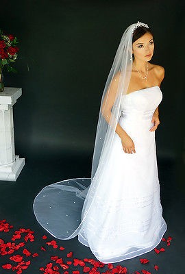   CRYSTAL RHINESTONE & RIBBON 90rib Cathedral Bridal Long Veil Train