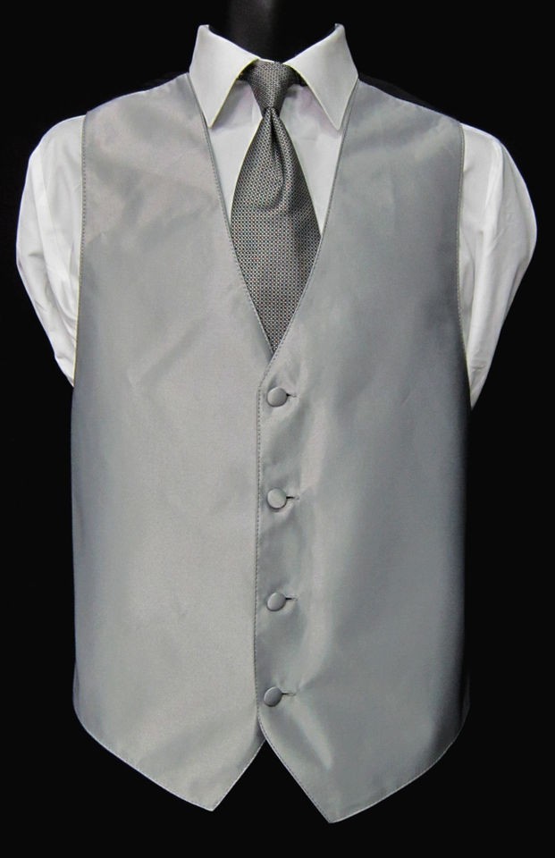 Mens XL Jean Yves Silver Fullback Vest & Tie Wedding Prom Bargain 