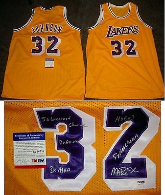 MAGIC JOHNSON AUTOGRAPHED SIGNED LOS ANGELES LAKERS JERSEY MANY STATS 