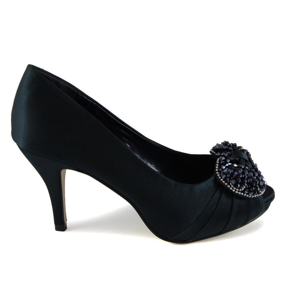 Menbur Avance Navy Satin womens peep toe mid heel with diamante bow 