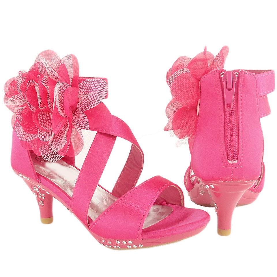 Kids Strappy High Heel Dress Sandals Flower Fuchsia Satin 9 4 