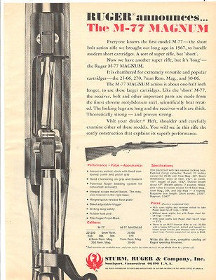 1970 STURM RUGER RIFLES AD THE M 77 MAGGNUM ORIGINAL MAGAZINE 