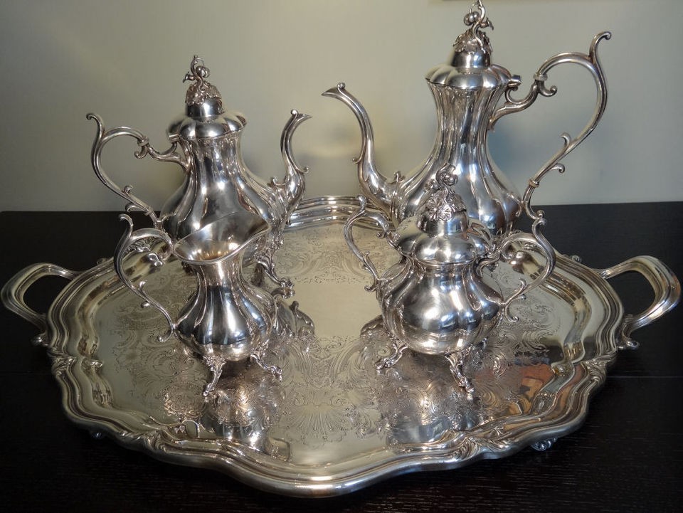 Reed & Barton Silver Plated WINTHROP Pumpkin Finial Tea Pot Set w/Tray