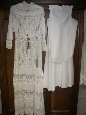 ANTIQUE VICTORIAN SMALL LADIES WHITE LACE LAWN WEDDING DRESS W SLIP