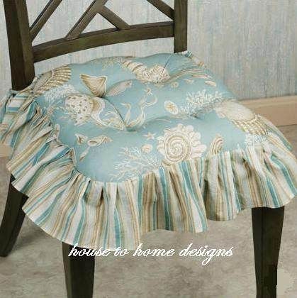 NATURAL SHELL KITCHEN CHAIR PAD   BEACH SHELLS AQUA CUSHION