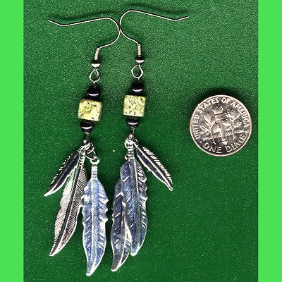 FEATHERS, RUSSIAN JADE & HEMATITE Beaded Earrings Wiccan/Pagan