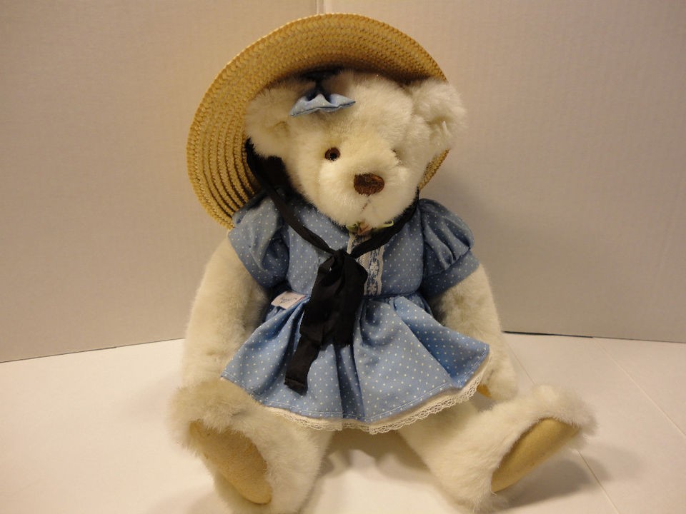 Bialosky White Teddy Bear by GUND & Straw Hat, 1984, Cute Blue Dress