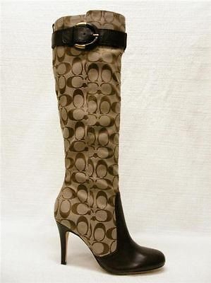 398 NIB COACH BLANE SIGNATURE JACQUARD + LEATHER TRIM KNEE HIGH KHAKI 