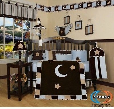 Boutique Brown Blue Star & Moon 13 PCS CRIB BEDDING SET