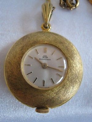 Vtg 1950s BUCHERER Pendant Watch Gold Tone Metal With Long Guard Chain 