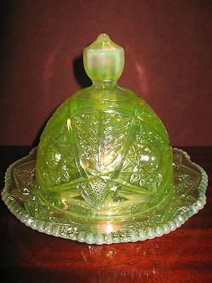   opalescent Carnival Glass serving domed butter dish uranium iridescent