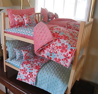   MADE STACKABLE BUNK BED & 10PC PINK/AQUA FLORAL BEDDING FOR 18DOLL