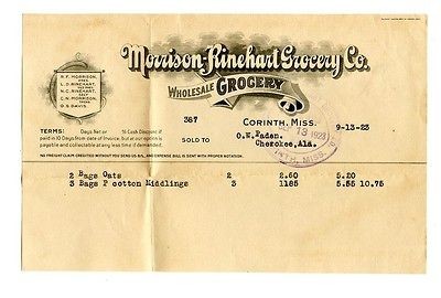 1923 Morrison Rinehart Grocery Co Receipt Corinth Mississippi