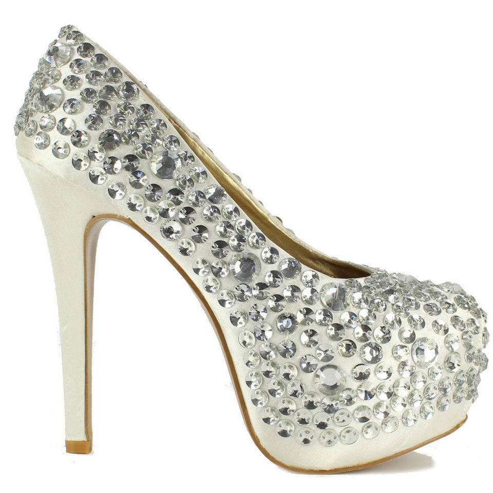 Ladies Sexy Designer High Heel Crystal Diamante Platform Prom Wedding 