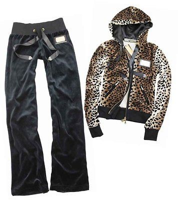 NWT 9301 Womens/Ladies Cavalli Leopards Top Black Pants Hoodie 