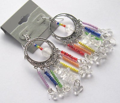 RAINBOW PRIDE EARRINGS SILVER Chandelier Hoop QUARTZ CRYSTAL WICCA