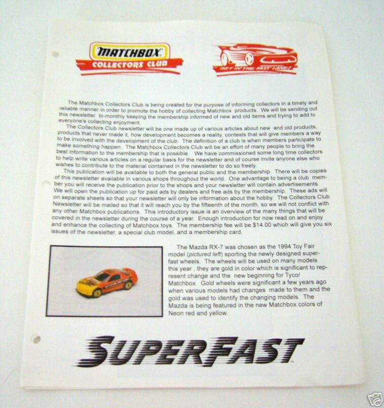 Matchbox, Collectors Club Newsletter, 1994